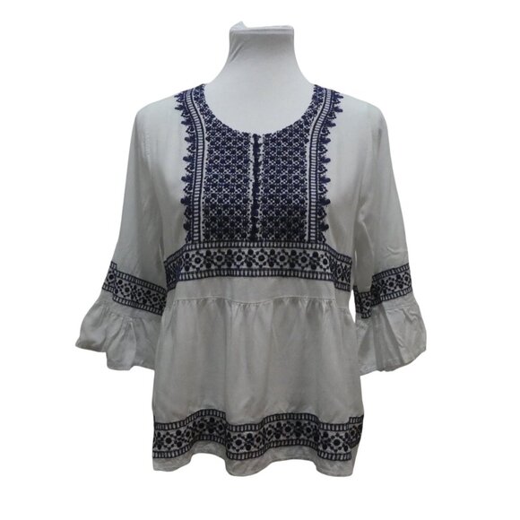 Blue Rain Francescas Embroidered Mosaic Ruffled Boho Peasant Top Womens Med - Picture 1 of 9